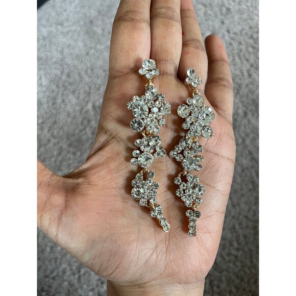 White rhinestone gold earrings clear long bridal prom crystal pierced earrings - Picture 8 of 9